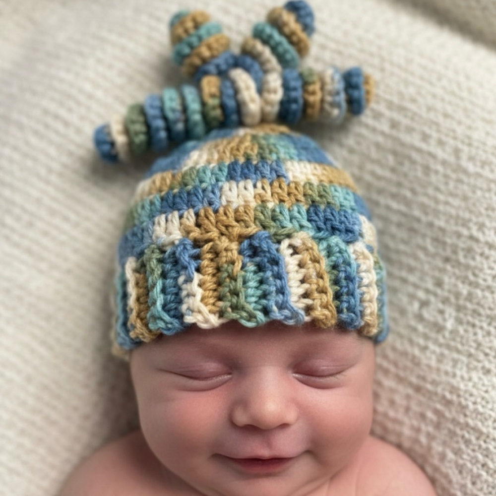 NWT Handmade Crochet Baby Hat With Spiraled Pom Pom Blue 3-6 Mos
